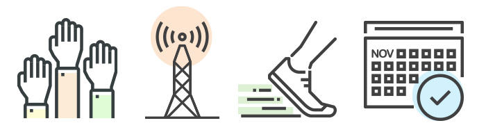 Volunteer icons of people holding up  hands and setting calendar dates